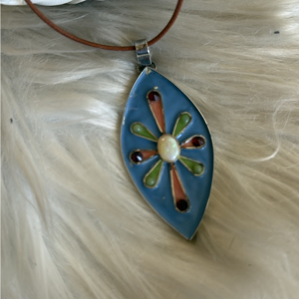 Colorful Enamel Pendant Necklace Evil Eye Handmade Sterling Silver Opal